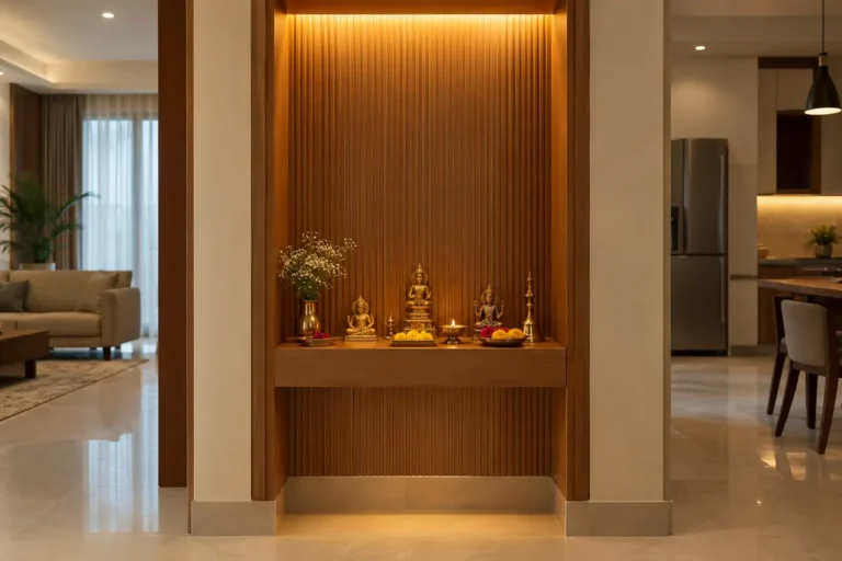 Modern minimal pooja niche with fluted wood panel and floating shelf