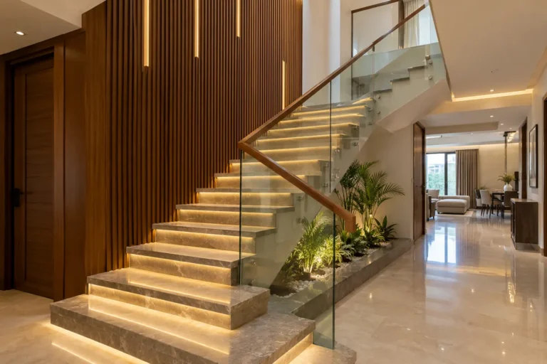 Modern staircase with slatted wall and LED step lights