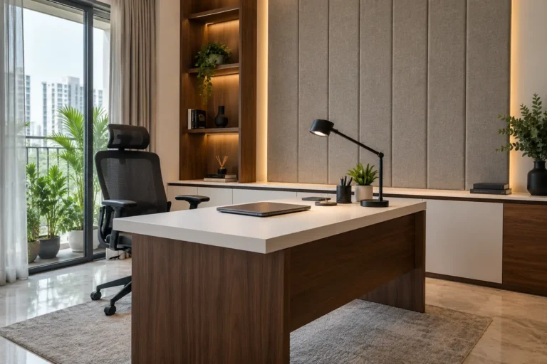 Modern home office with walnut desk and acoustic panels