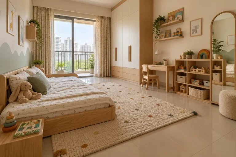 Montessori kids room with floor bed and low open shelves