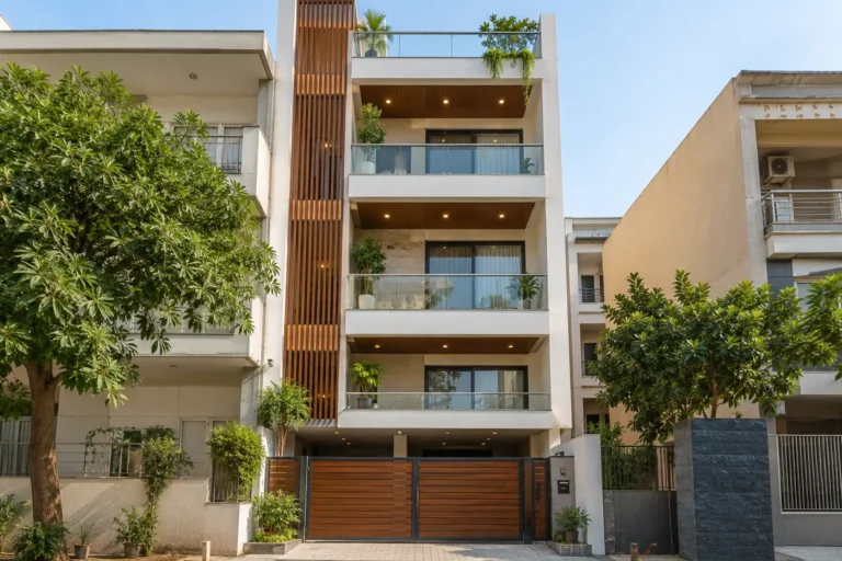 Narrow 25 ft front house elevation with vertical wooden strip and stacked balconies