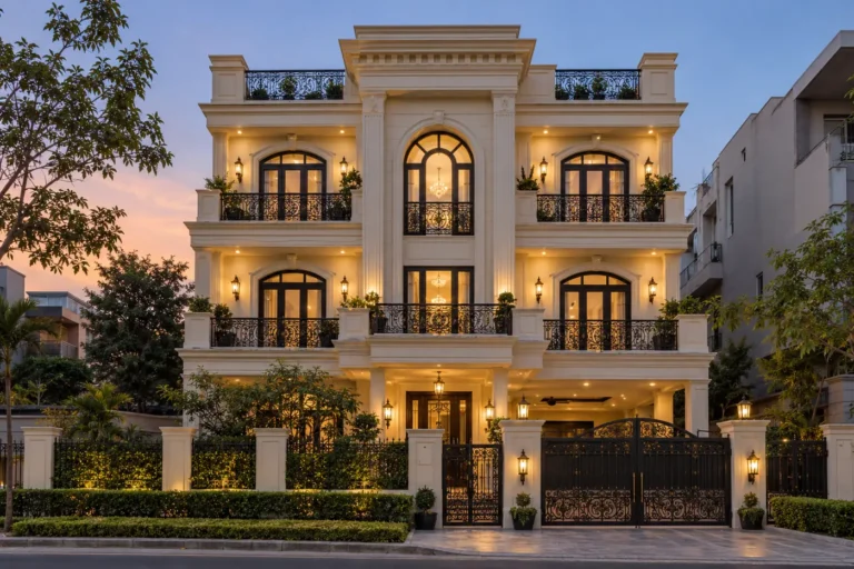 Neo-classical house elevation with pilasters, cornices and arched French windows