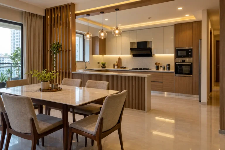 Open kitchen with fluted counter partition opening to the dining area