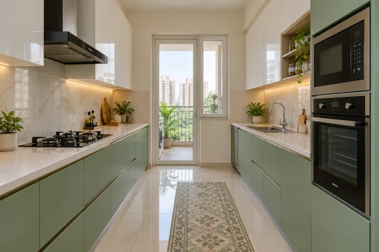 Parallel galley modular kitchen with sage green cabinets and utility balcony door