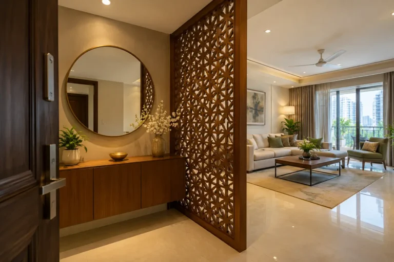 Foyer with wooden CNC jaali partition screen