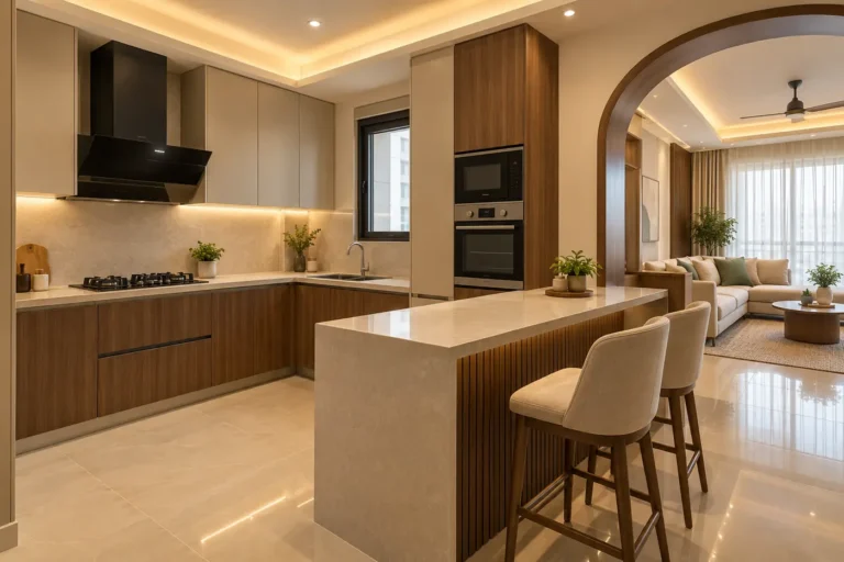 Peninsula modular kitchen with breakfast counter, stools and arched opening