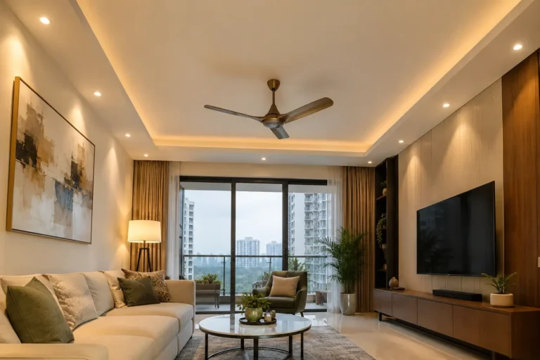 Peripheral false ceiling border with spotlights