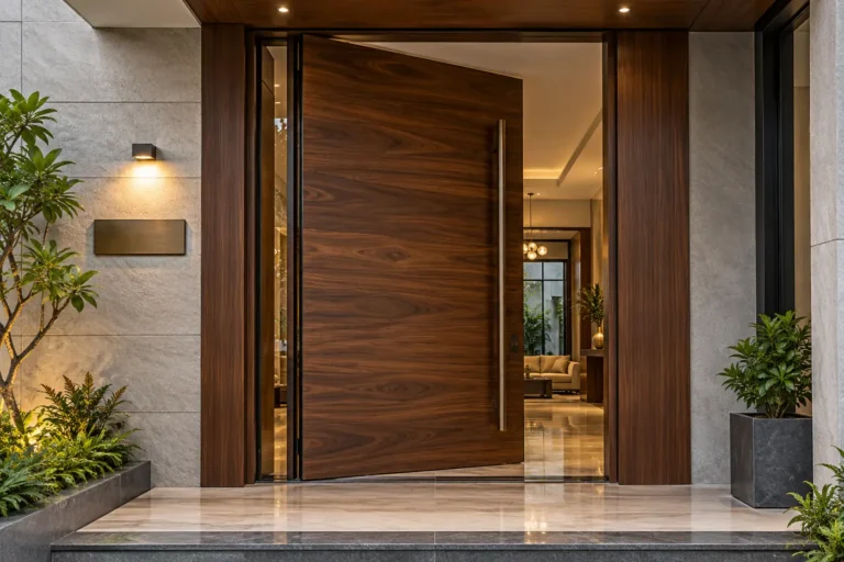 Large walnut pivot main door with long handle
