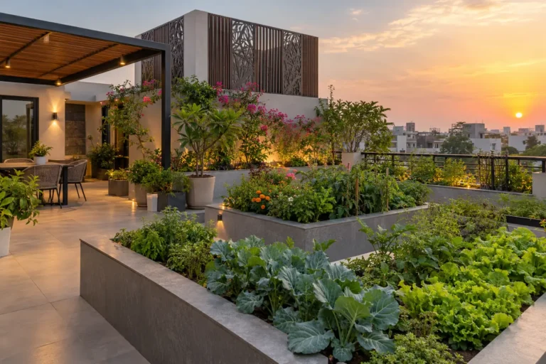 Terrace with raised planter beds