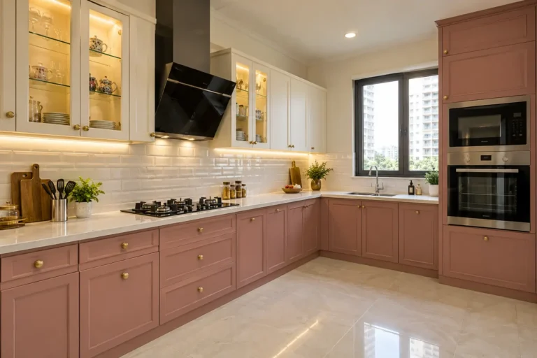 PU paint finish modular kitchen with dusty rose shaker shutters and brass handles