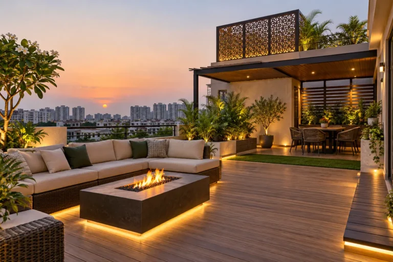 Rooftop lounge with outdoor sofa and fire pit