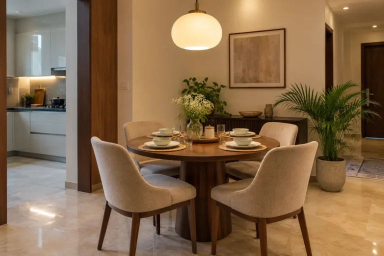 Round 4-seater walnut dining table with upholstered chairs