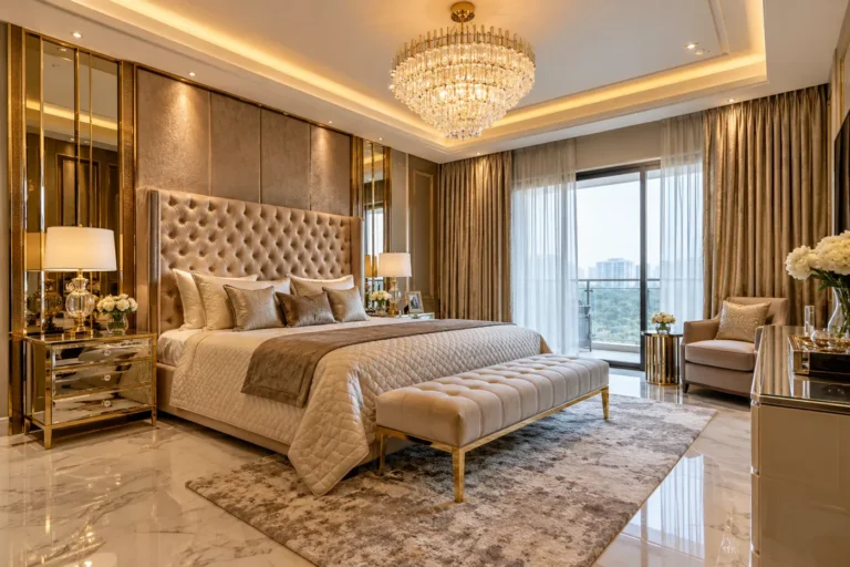 Royal luxury master bedroom with tufted velvet headboard and crystal chandelier
