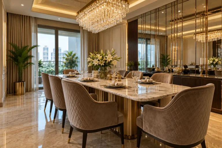 Royal luxury dining with marble table and crystal chandelier