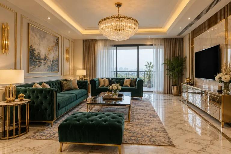 Royal luxury living room with emerald velvet sofas, marble floor and crystal chandelier