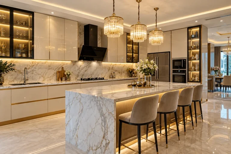 Luxury modular kitchen with ivory gloss shutters, gold profiles and Italian marble