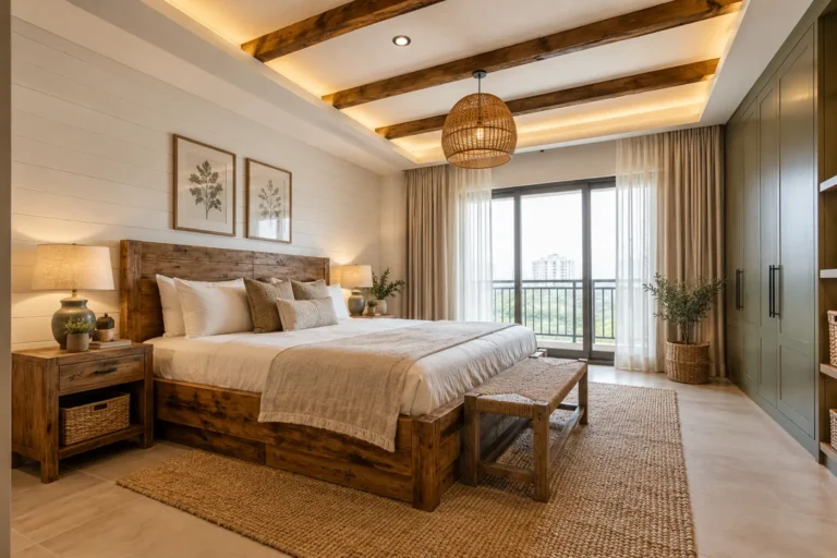 Rustic farmhouse master bedroom with reclaimed wood bed and shiplap wall