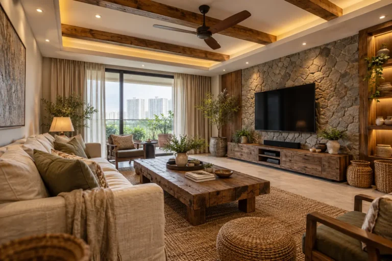 Rustic farmhouse living room with wooden beams, stone wall and reclaimed wood table