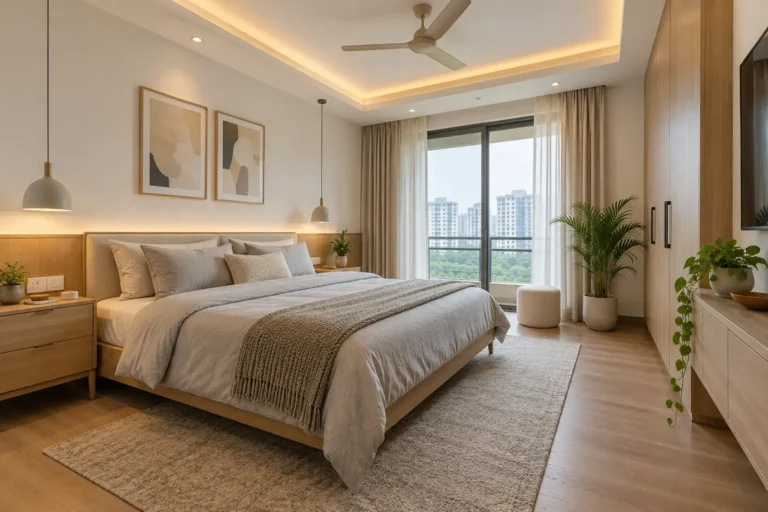 Scandinavian master bedroom with light oak bed, white walls and linen bedding