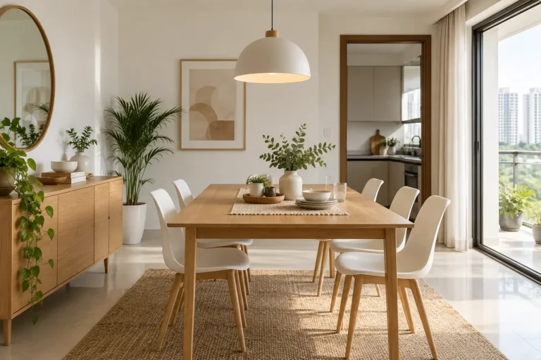 Scandinavian dining with light oak table and white chairs