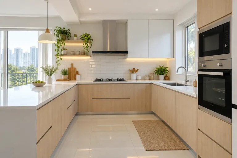 Scandinavian modular kitchen with white shutters and light birch wood