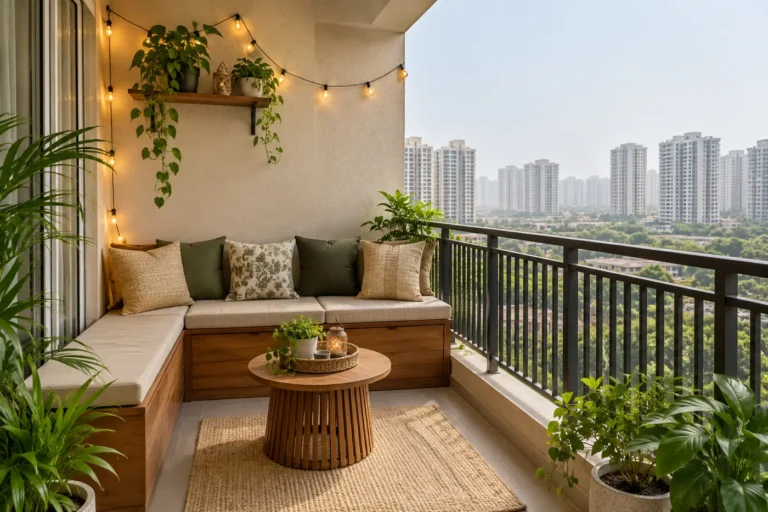 Balcony seating nook with wooden bench and cushions