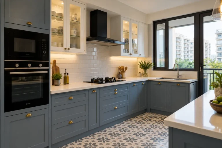 Classic shaker modular kitchen with grey-blue framed shutters and brass cup handles