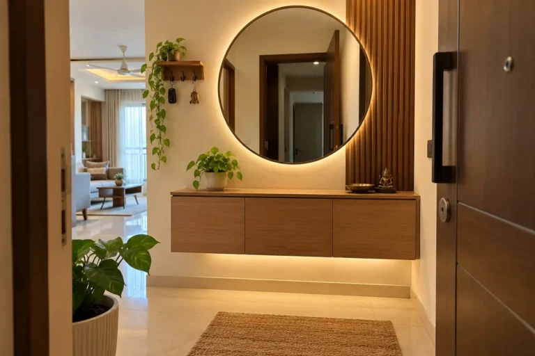Foyer with floating shoe cabinet and round mirror