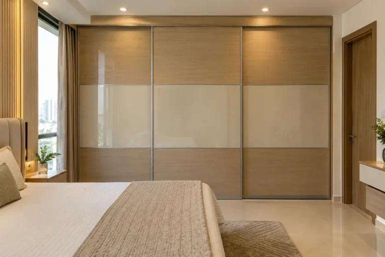 Sliding wardrobe with light oak and beige sliding shutters