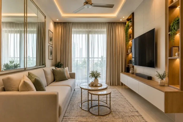 Small flat living room with compact sofa, wall-mounted TV unit and light colours
