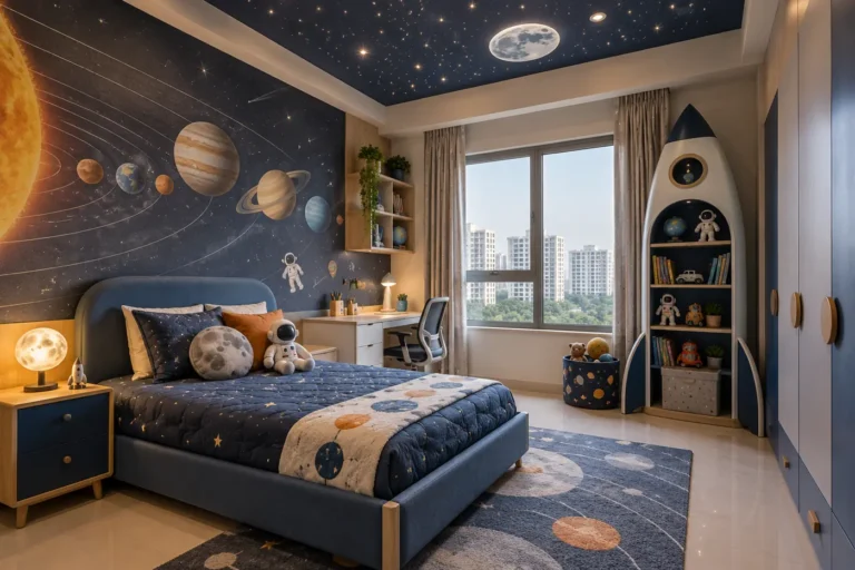 Space theme kids room with planet mural and star ceiling