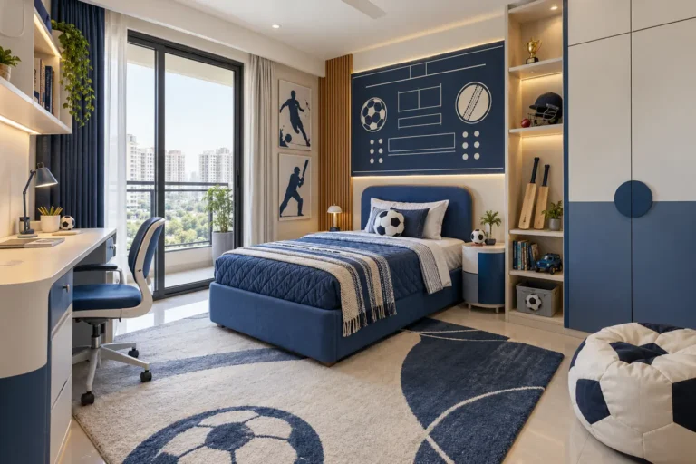 Sports theme kids room with football and cricket decor