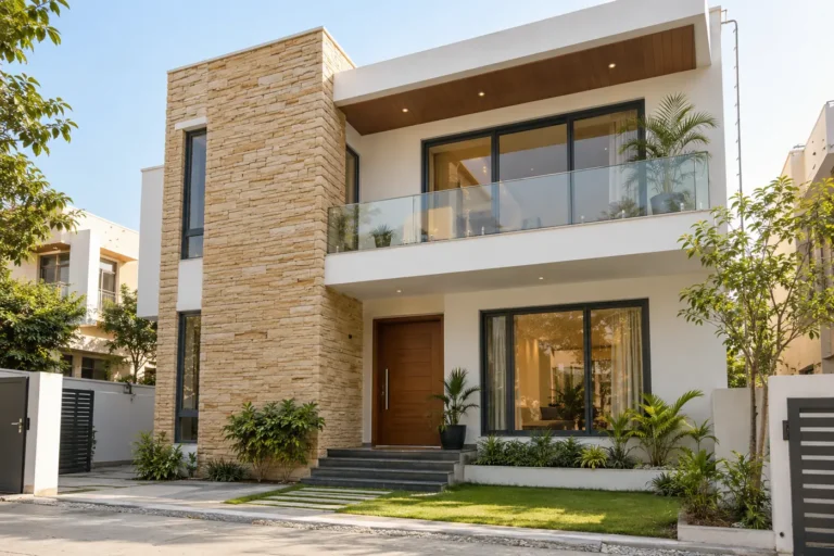 House front elevation with beige natural stone cladding wall and white plaster