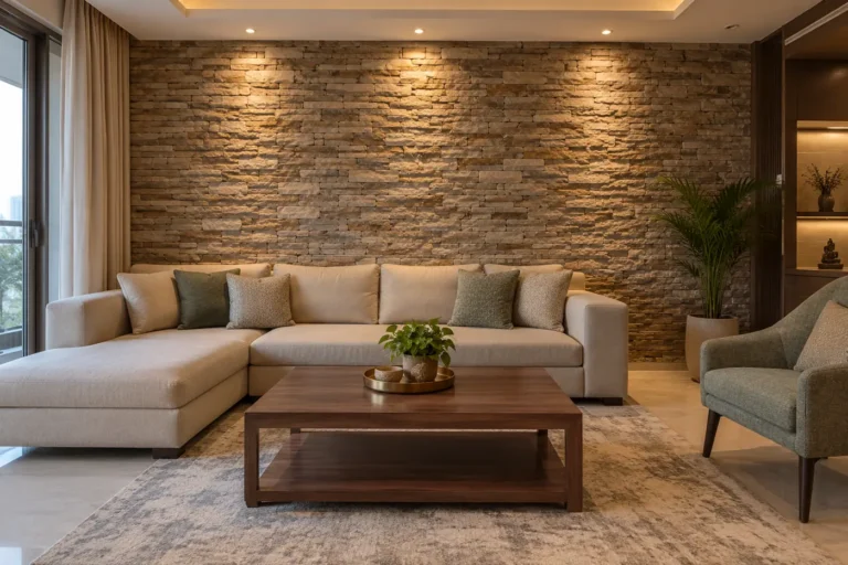 Natural stacked stone wall cladding with spotlights