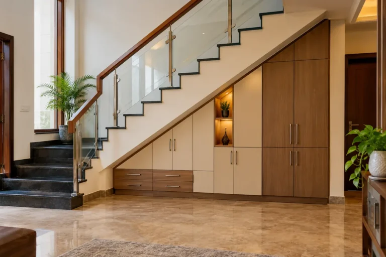 Staircase with storage cabinets built under the steps