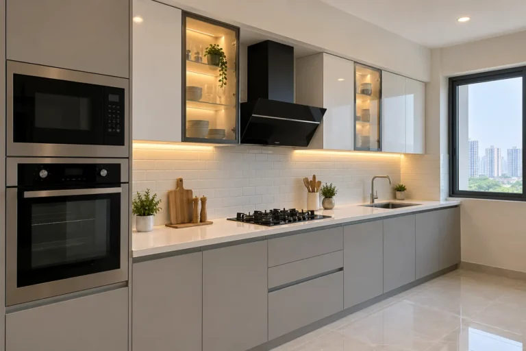 Straight single-wall modular kitchen with grey base cabinets and white quartz counter