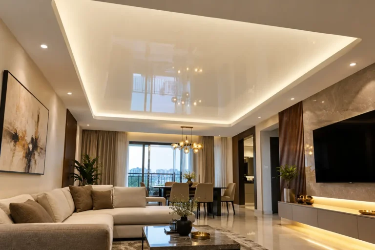 Stretch ceiling with glossy back-lit centre panel