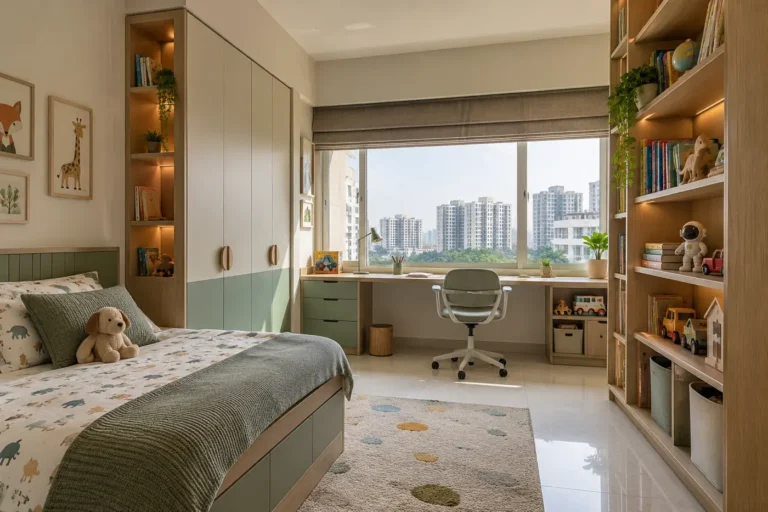 Study-focused kids room with long desk and book wall