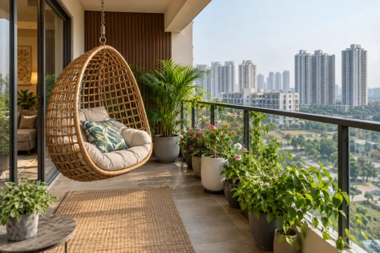 Balcony with hanging rattan swing chair