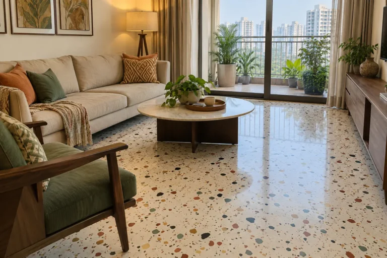 White terrazzo floor with colourful chips