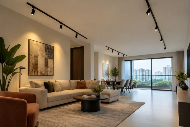 Plain ceiling with black magnetic track lights instead of false ceiling