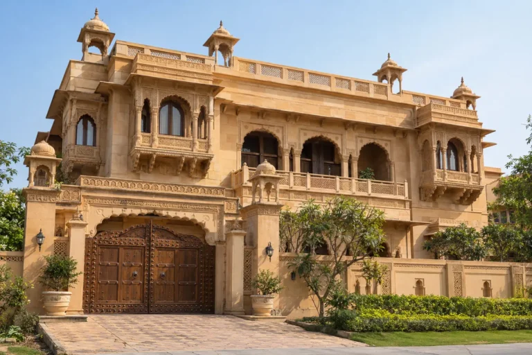 Traditional haveli style house elevation with carved jharokhas and sandstone arches