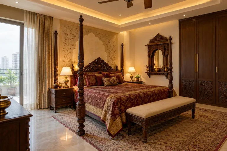 Traditional Indian master bedroom with carved teak bed and maroon silk bedspread