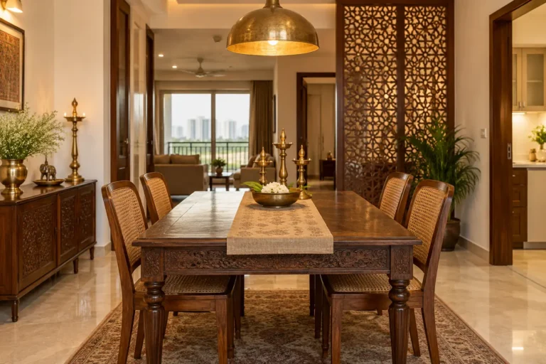 Traditional Indian dining with carved sheesham table and jaali
