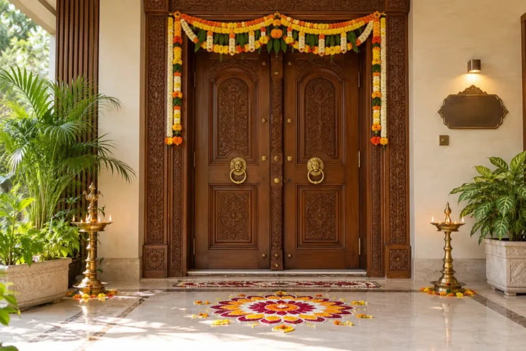 Traditional Indian main door with carved frame and toran