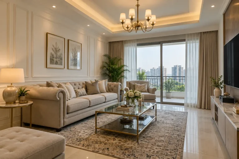 Transitional living room mixing classic greige sofa, wall mouldings and modern glass table