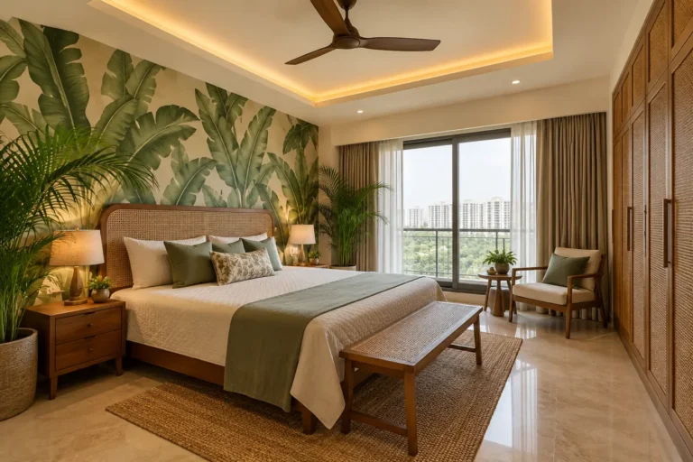 Tropical master bedroom with cane headboard and banana-leaf wallpaper