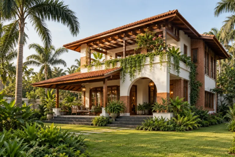 Tropical house elevation with deep roof overhangs, verandah and lush planting