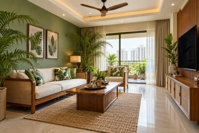 Tropical living room with cane furniture, palm plants and green accent wall