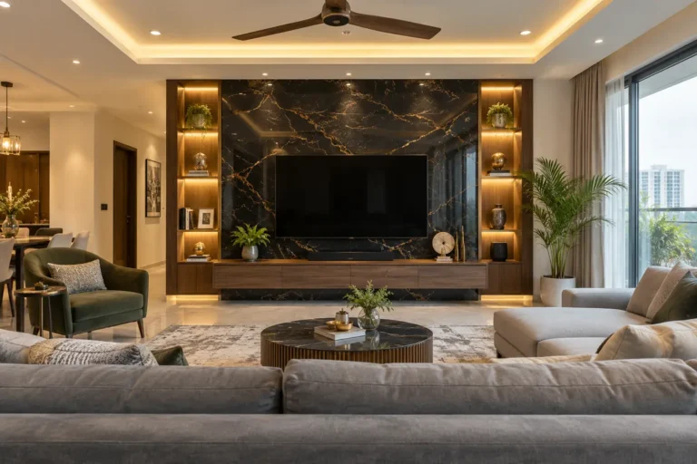 Living room with full-height black marble TV wall and floating walnut console